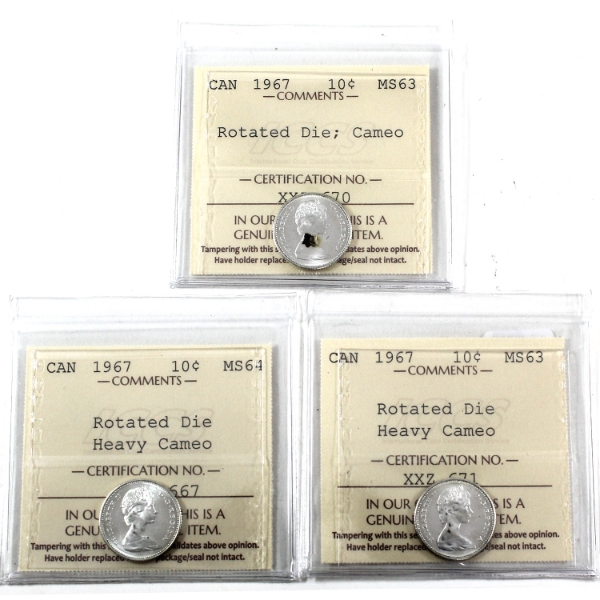 10-cent 1967 ICCS MS63 to MS64. 3pcs.