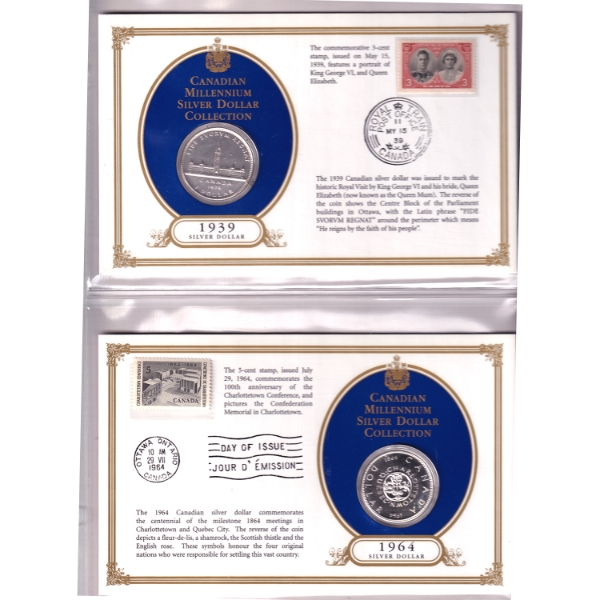 Silver $1 1939 & 1964 Canadian Millennium Silver Dollar Collection w/ Commemorative Stamps