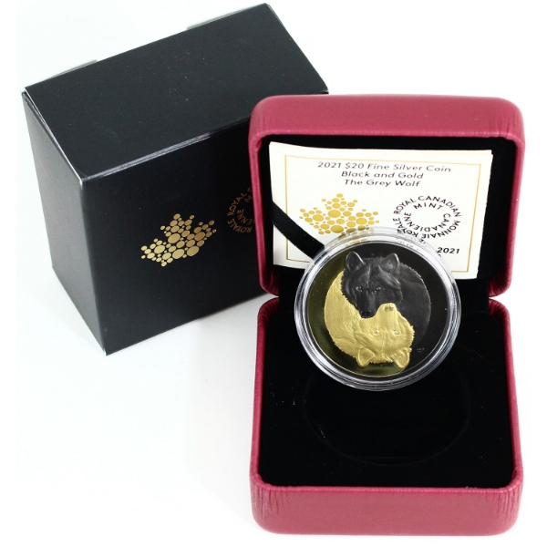 2021 $20 Black and Gold: The Grey Wolf 1oz .9999 Fine Silver w/ Gold and Black Rhodium Plating