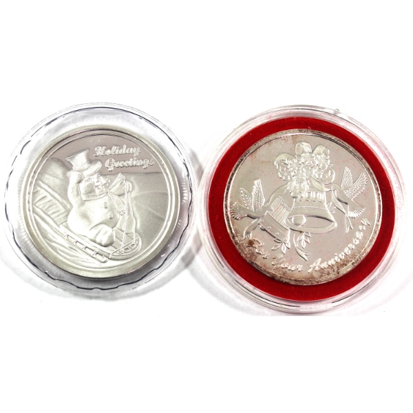 2x 1oz Holiday Greetings & 2003 For Your Anniversary .999 Fine Silver Rounds. 2pcs (Tax Exempt)