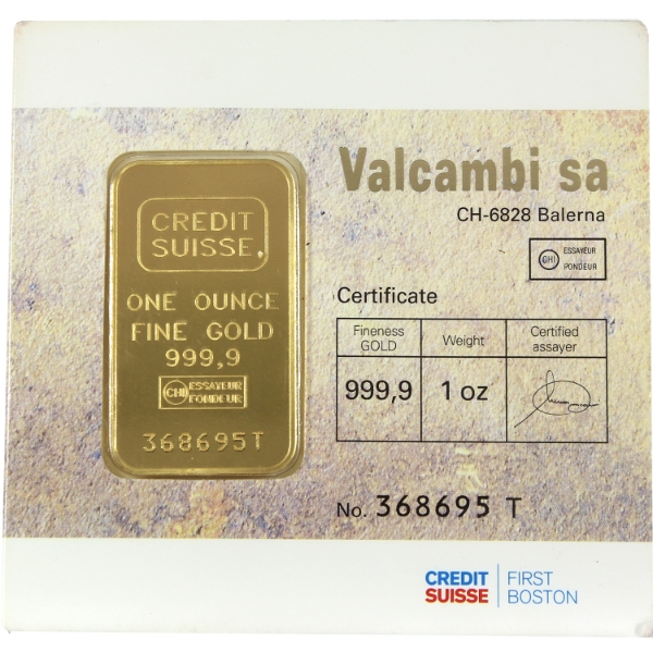 1oz Gold Credit Suisse Boston Vintage .9999 Gold Bar in Paper Assay Card (Tax Exempt)