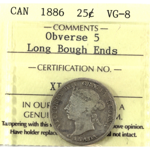 25-cent 1886 Obverse 5; 6/7; Long Bough Ends ICCS VG8
