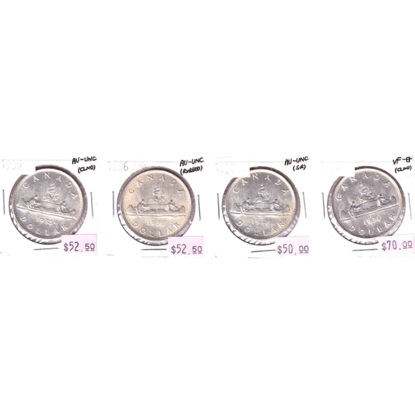Silver $1 1935 AU-UNC, 1936 AU-UNC, 1937 AU-UNC & 1938 VF-EF. 4pcs