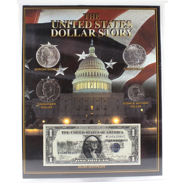 The United States Dollar Story 4-coin Set w/ $1 Silver Certificate in Hard Plastic Holder