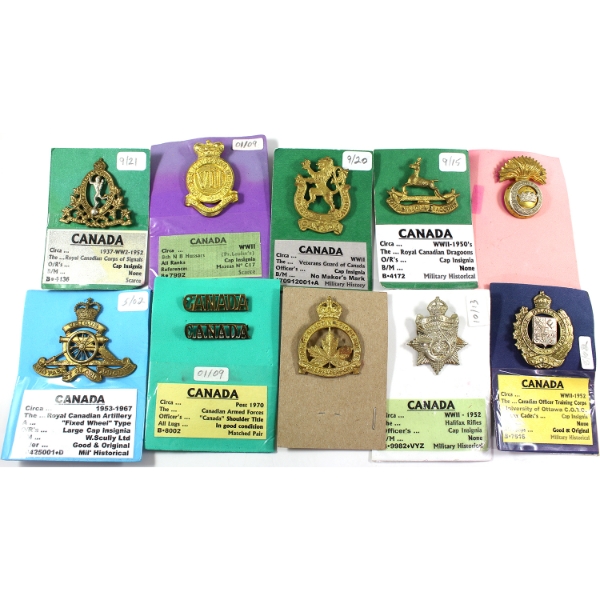 Group Lot of 11x Canada Cap Badges, Pins & Uniform Badges. 11pcs