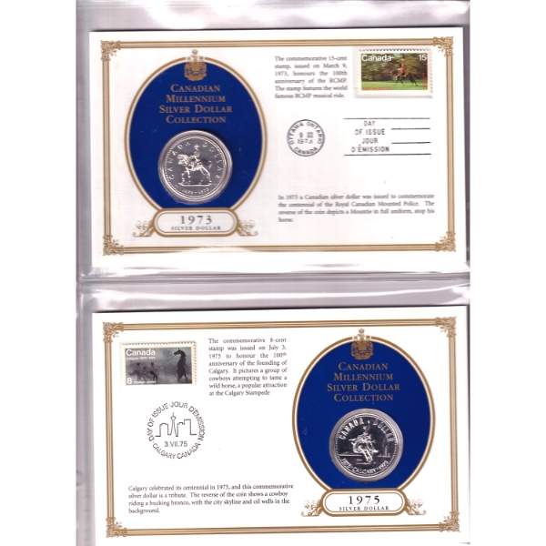 Silver $1 1973 & 1975 Canadian Millennium Silver Dollar Collection w/ Commemorative Stamps