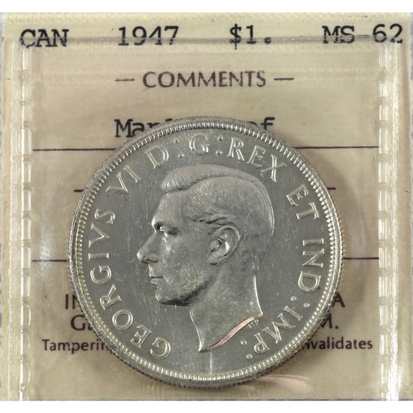 Silver $1 1947 Maple Leaf ICCS MS62