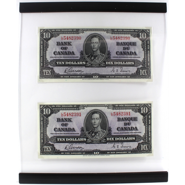 BC-24b 1937 $10 Consecutive UNC Gordon-Towers SN: L/D5482390-"91 Held in Acrylic Display Board. 2pcs
