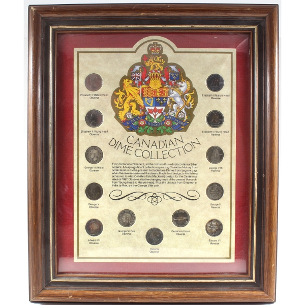 Canadian Dime Collection 13-coin Set in Wooden Frame