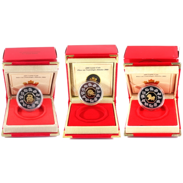 Group Lot of 2001-2008 $15 Sterling Silver Lunar Coins w/ Gold Plated Cameos. 3pcs.