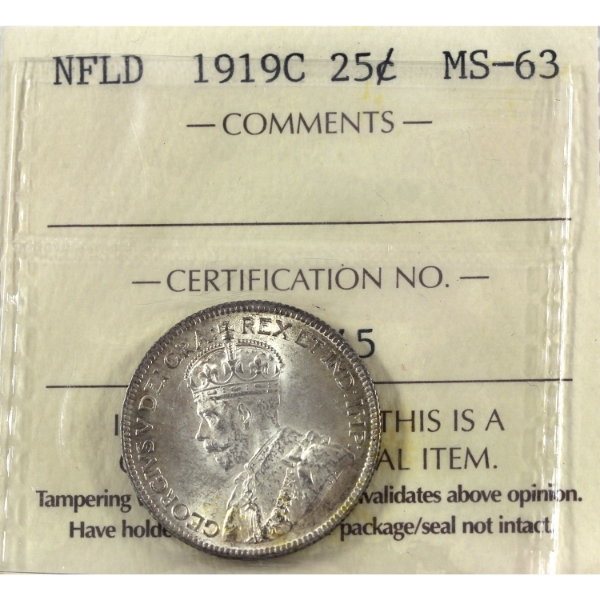 Newfoundland 25-cent 1919C ICCS MS63