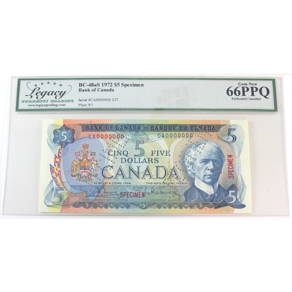 BC-48aS 1972 $5 Specimen Legacy GEM UNC66 PPQ Bouey-Rasminsky SN: CA0000000 237