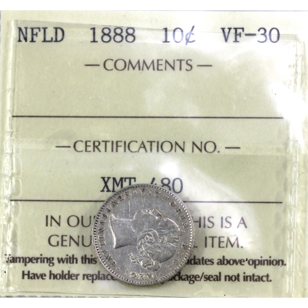Newfoundland 10-cent 1888 ICCS VF30 *Key Date!*