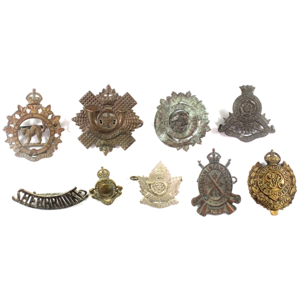 Group Lot of 9x Assorted British & Canadian Military Cap & Uniform Badges. 9pcs