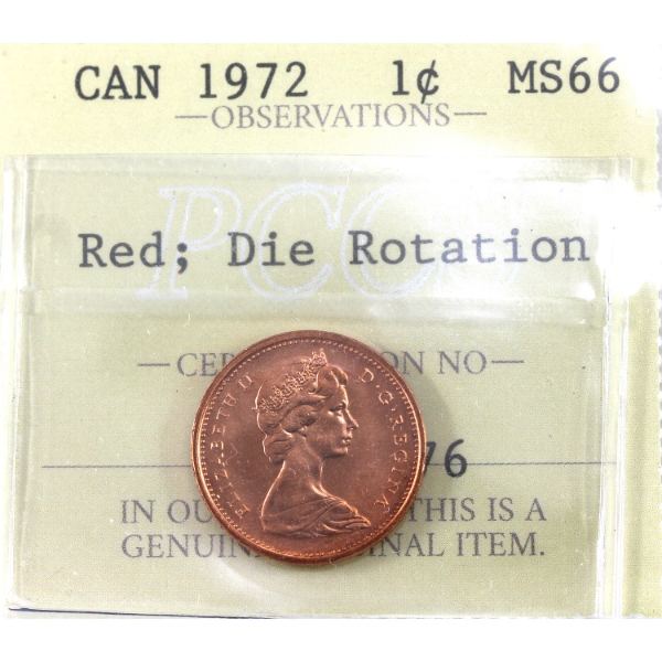 1-cent 1972 Die Rotation PCCS (Professional Coin Certification System) MS66 Red