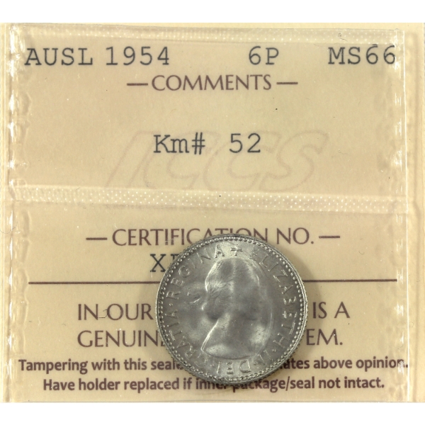 Australia Silver 1954 Sixpence ICCS MS66