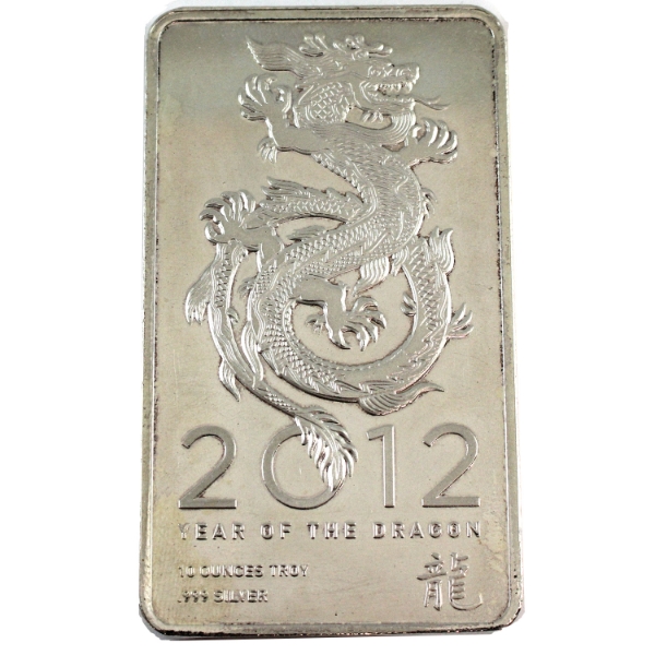 10oz 2012 Year of the Dragon .999 Fine Silver Bar (Tax Exempt)