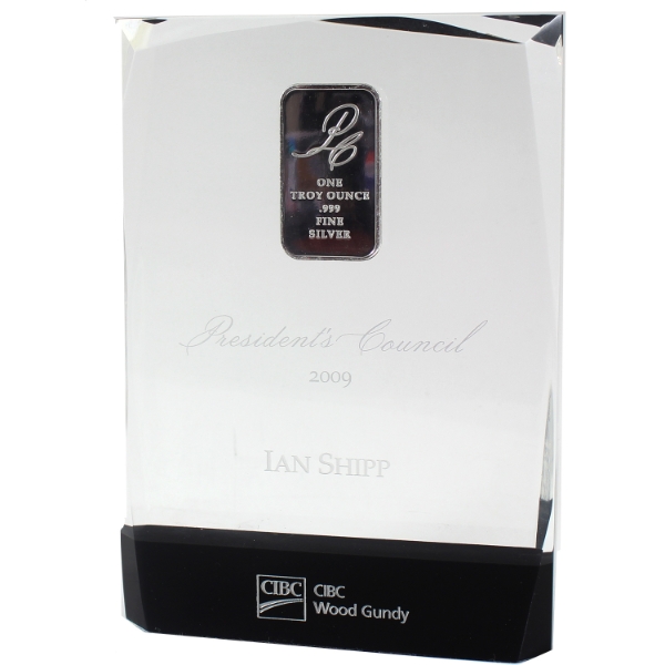 1oz 2009 President's Council .999 Fine Silver Bar Encased in an Acrylic Desk Award CIBC Wood Gundy