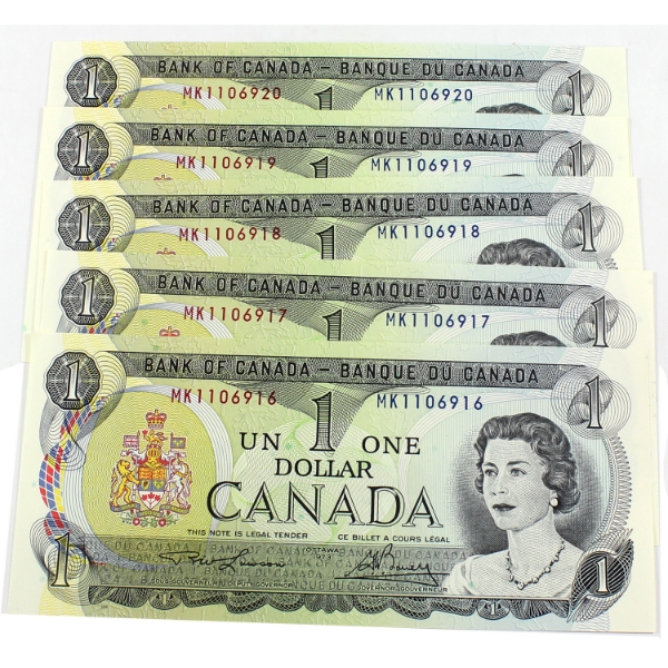 5x BC-46a 1973 $1 Consecutive UNC Lawson-Bouey SN: MK1106916-"20. 5pcs.