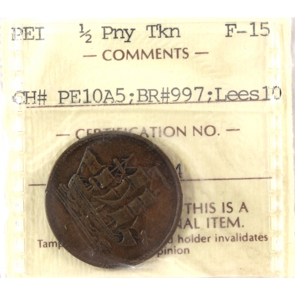 BR-997, CH#PE10A5 PEI Ships Colonies & Commerce Half Penny Token ICCS F15