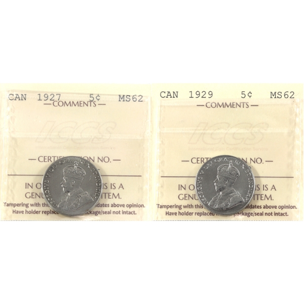 5-cent 1927 & 1929 ICCS MS62. 2pcs.