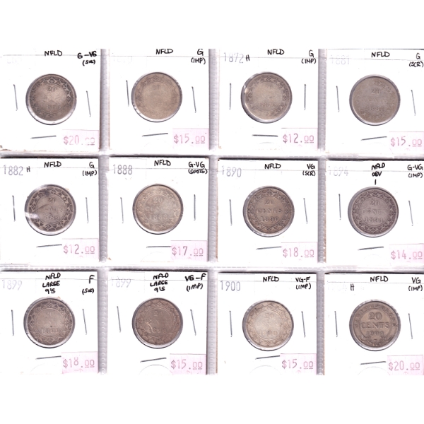 Lot of 12x Newfoundland 20-cent 1865-1904 Good to Fine in Plastic Sheet. 12pcs