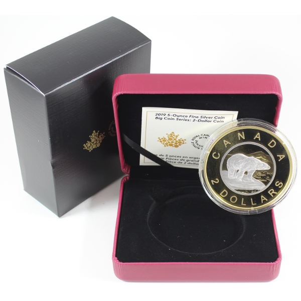 2019 $2 Big Coin Reverse Gold Plated 5oz .9999 Fine Silver Coin (Tax Exempt)