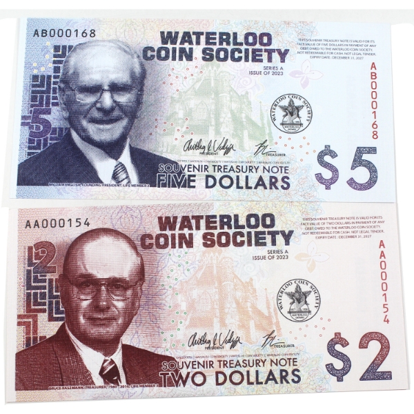 2023 $2 & $5 Waterloo Coin Society Souvenir Treasury Notes. 2pcs.