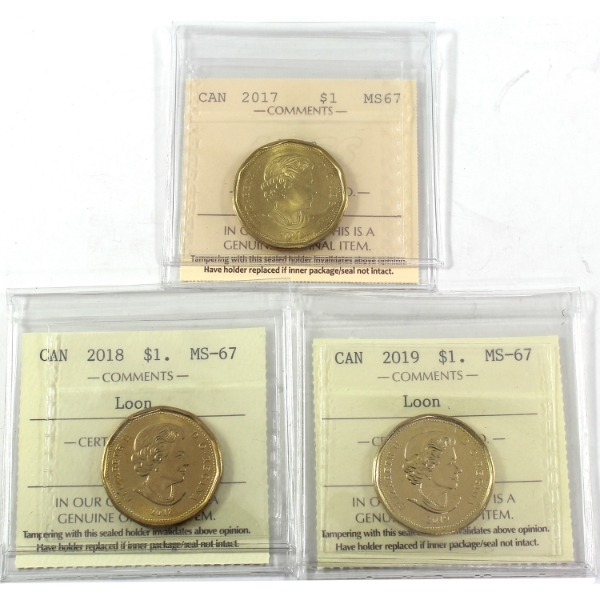 3x Loon $1 2017, 2018 & 2019 ICCS MS67. 3pcs.