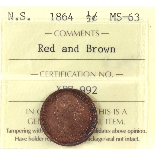 Nova Scotia 1/2-cent 1864 ICCS MS63 Red & Brown