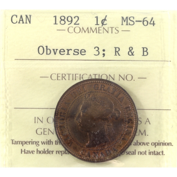 1-cent 1892 Obverse 3 ICCS MS64 Red & Brown