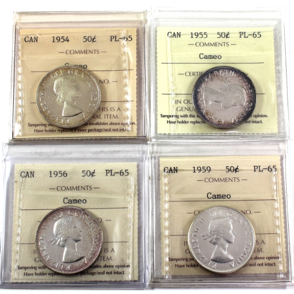 50-cent 1954,1955,1956 & 1959 ICCS PL65 Cameo. 4pcs.