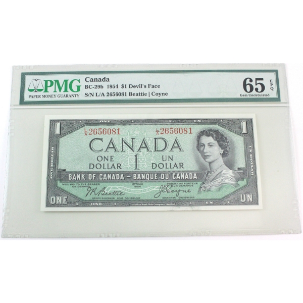BC-29b 1954 $1 Devil's Face PMG GEM UNC65 EPQ Beattie-Coyne SN: L/A2656081