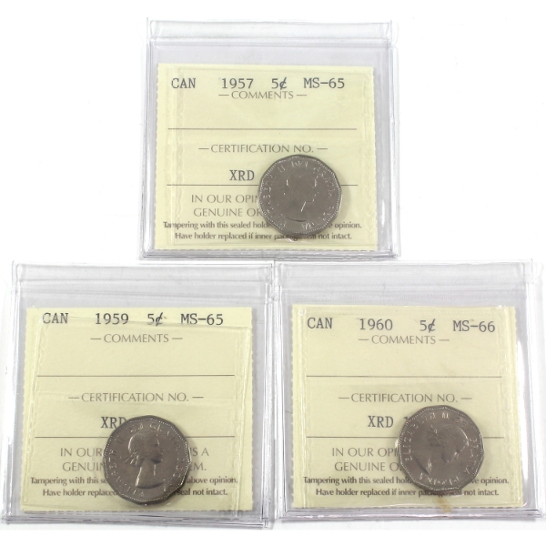 5-cent 1957 MS65, 1959 MS65 & 1960 MS66 ICCS. 3pcs