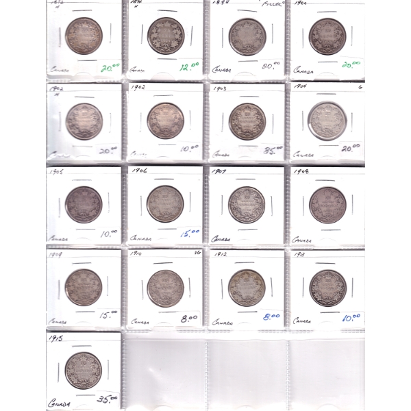 Lot of 17x 25-cent 1872-1915 in Plastic Sheet. 17pcs