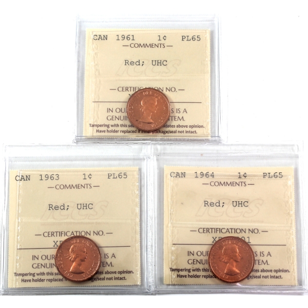 1-cent 1961, 1963, & 1964 ICCS PL65 Red Ultra Heavy Cameo. 3pcs.