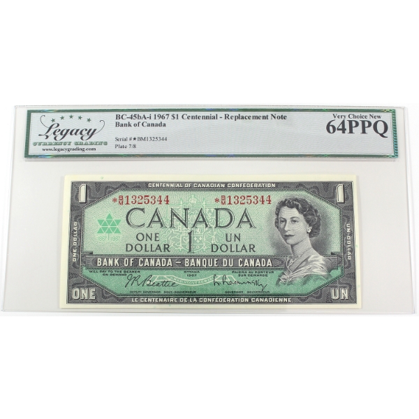 BC-45bA-i 1967 $1 Centennial Legacy CUNC64 PPQ Beattie-Rasminsky *B/M Replacement SN:*B/M1325344