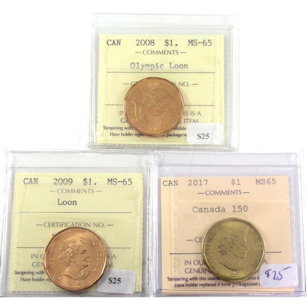 Loon $1 2008 Olympic Loon, 2009 & 2017 Canada 150 ICCS MS65. 3pcs