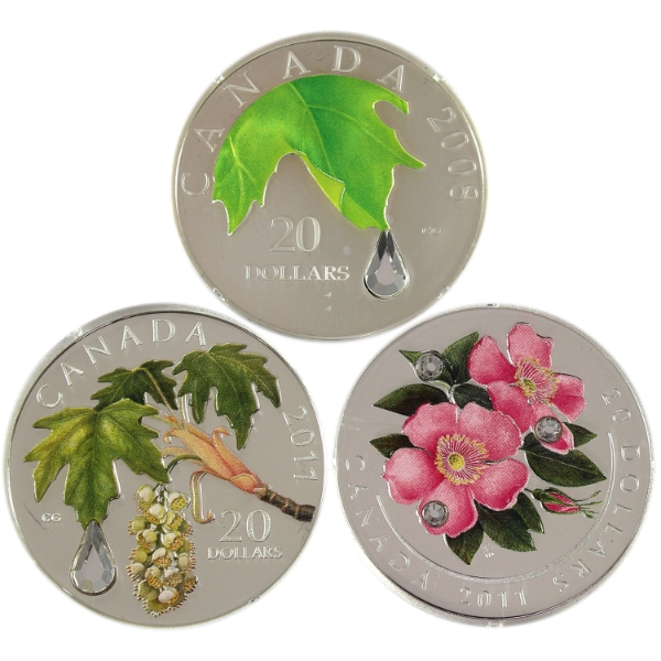 2008 & 2011 $20 Assorted 1oz .9999 Fine Silver Coins w/ Crystal Elements. 3pcs (Tax Exempt)