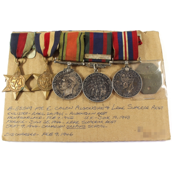 1939-1945 WWII Medals NAMED: PTE E. Colon of Algonquin & Lake Superior Regiment. 6pcs.