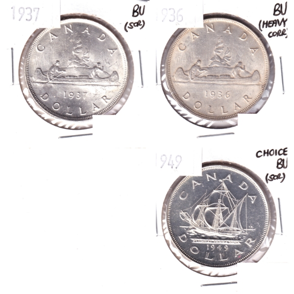 Silver $1 1936-1949 BU to Choice BU. 3pcs.