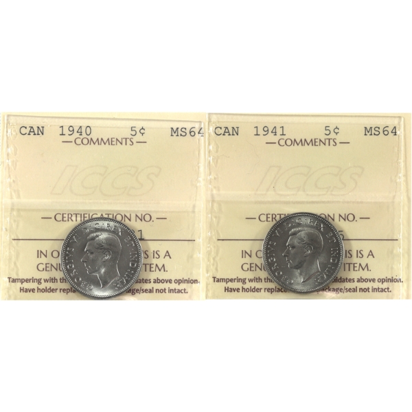 5-cent 1940 & 1941 ICCS MS64. 2pcs.