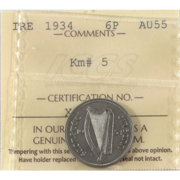 Ireland 1934 Sixpence ICCS AU55