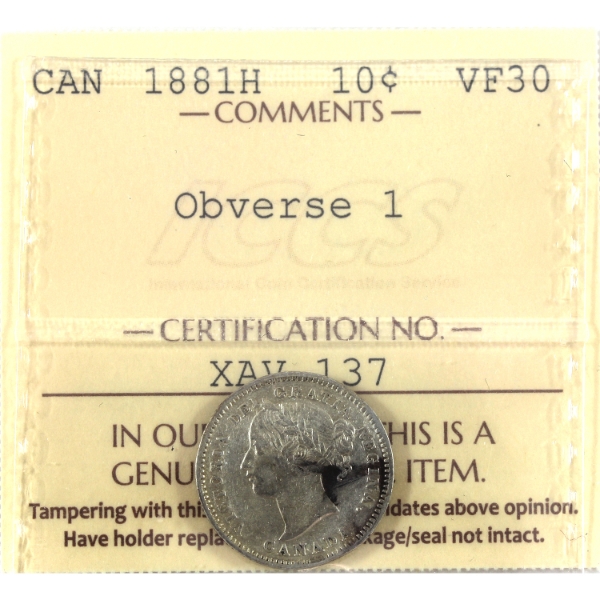 10-cent 1881H Obverse 1 ICCS VF30