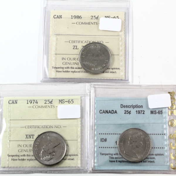 25-cent 1972-1986 ICCS/CCCS MS65. 3pcs.