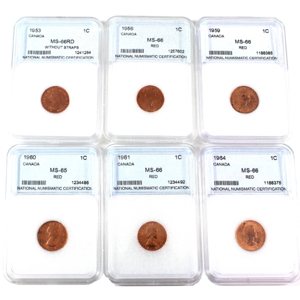 1-cent 1953-1964 NNC MS66 Red. 6pcs.