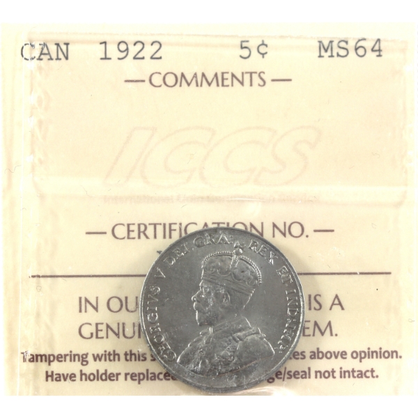 5-cent 1922 Near Rim ICCS MS64