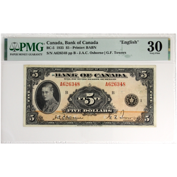 BC-5 1935 $5 English PMG VF30 Osborne-Towers SN: A626348 ppB