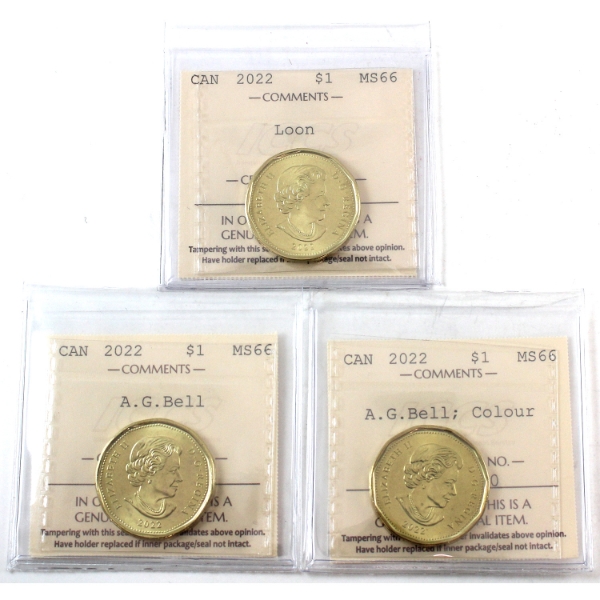 Loon $1 2022 Loon, A.G. Bell Regular & Colour ICCS MS66. 3pcs. 