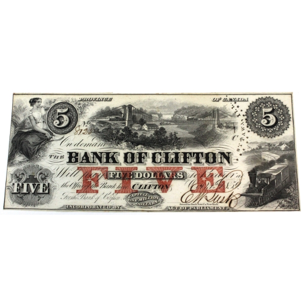 125-10-04-06a 1859 $5 Bank of Clifton UNC One Signature, III Overprint SN: 8723 